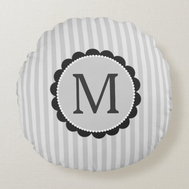 Monogram Black Grey White Scalloped Stripes Round Cushion (Front)