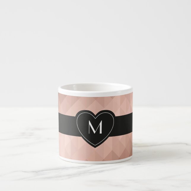 Monogram black heart chic rose gold geometric espresso cup (Front)