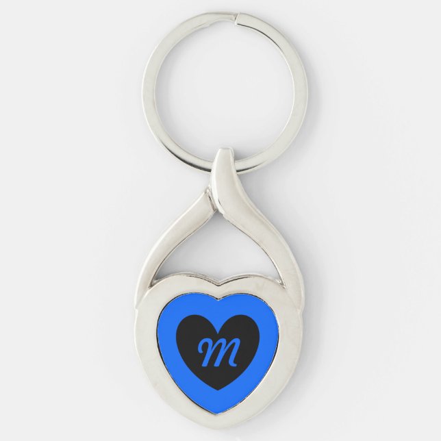 Monogram Black heart on blue Key Ring (Front)