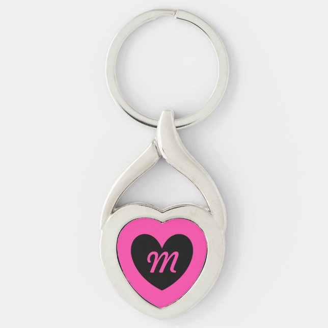 Monogram black heart on fuchsia pink key ring (Front)