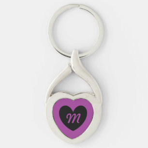 Monogram Black heart on purple Key Ring