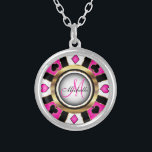 Monogram Black, Hot Pink and Gold Las Vegas Style  Silver Plated Necklace<br><div class="desc">Monogram Necklace. Monogram Black, Hot Pink and Gold Las Vegas Style design ready for you to personalise. ✔Note: Not all template areas need changed. 📌If you need further customisation, please click the "Click to Customise further" or "Customise or Edit Design" button and use our design tool to resize, rotate, change...</div>