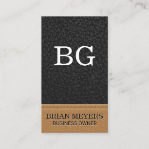 Monogram Black Leather   Stitched Business Card