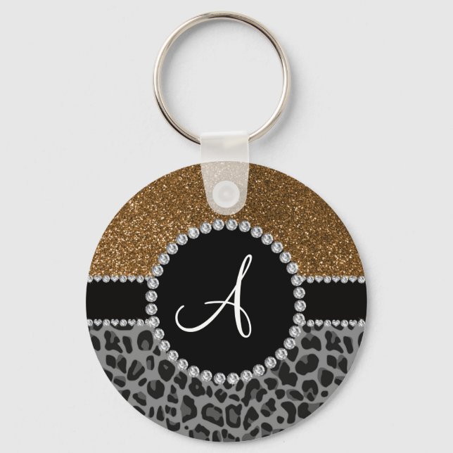 Monogram black leopard gold glitter key ring (Front)