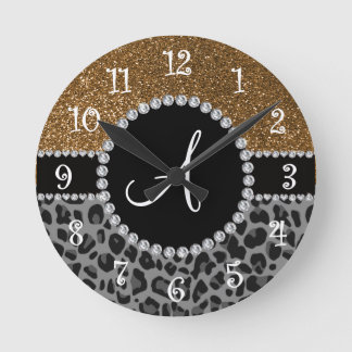 Monogram black leopard gold glitter round clock