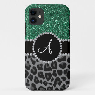 Monogram black leopard mint green glitter Case-Mate iPhone case