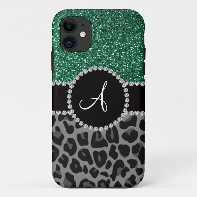 Monogram black leopard mint green glitter Case-Mate iPhone case (Back)