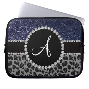 Monogram black leopard navy blue glitter laptop sleeve