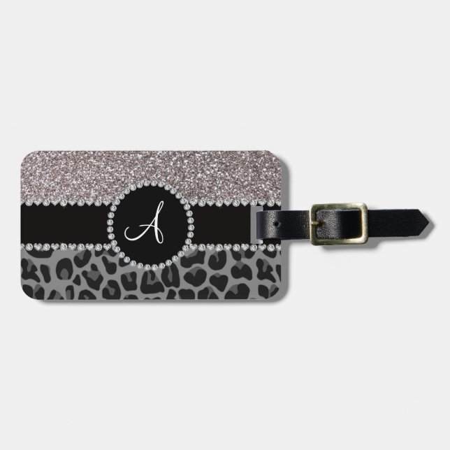 Monogram black leopard silver glitter luggage tag (Front Horizontal)
