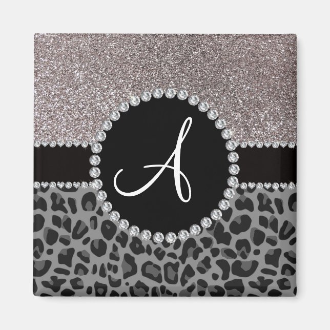 Monogram black leopard silver glitter magnet (Front)