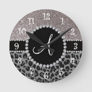 Monogram black leopard silver glitter round clock