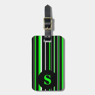 Monogram Black, Lime Green, Barcode Circle Stripe Luggage Tag