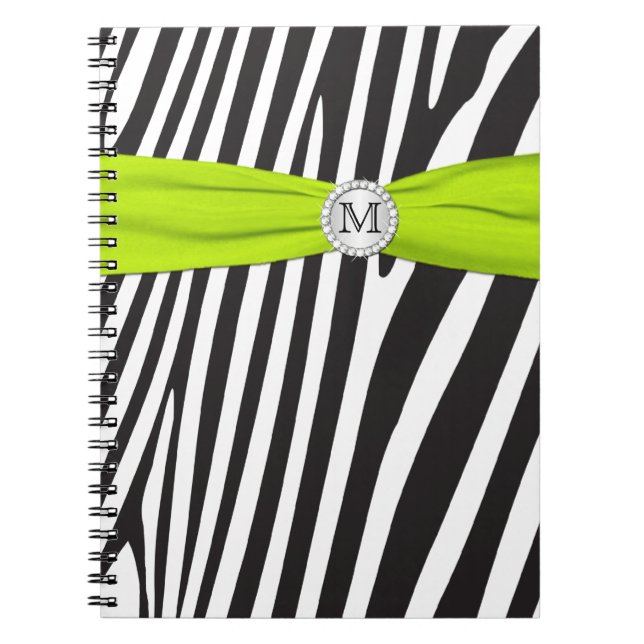Monogram Black Lime White Zebra Striped Notebook (Front)