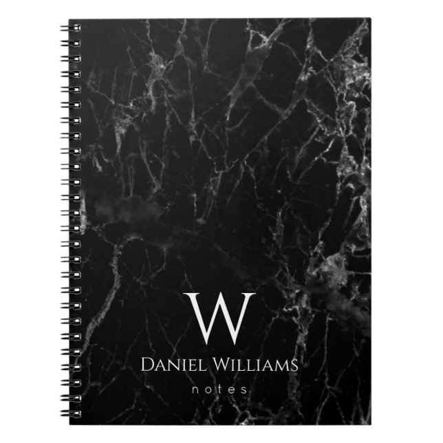 Monogram Black Marble Modern White Initial & Name Notebook (Front)