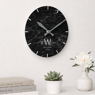 Monogram Black Marble White Initial & Custom Name Round Clock