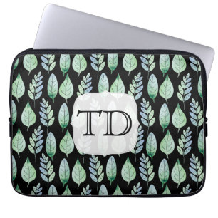 Monogram Black & Mint Watercolor Leaves Pattern Laptop Sleeve