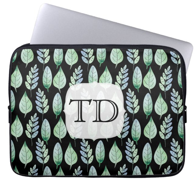 Monogram Black & Mint Watercolor Leaves Pattern Laptop Sleeve (Front)