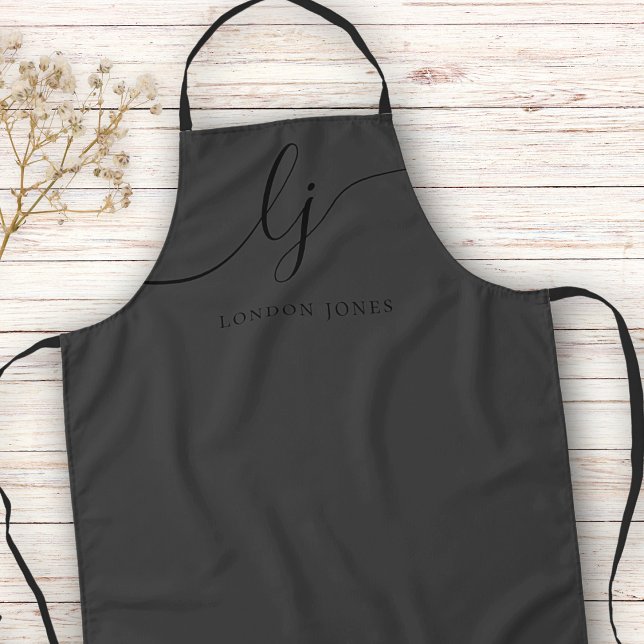 Monogram Black Modern Minimal Calligraphy Script Apron (Creator Uploaded)