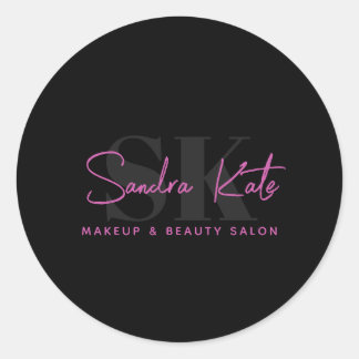Monogram Black Neon Pink Beauty Salon Custom Logo Classic Round Sticker