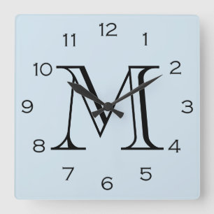 Monogram Black Numbers On Light Blue wccn Square Wall Clock