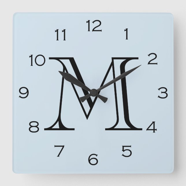 Monogram Black Numbers On Light Blue wccn Square Wall Clock (Front)