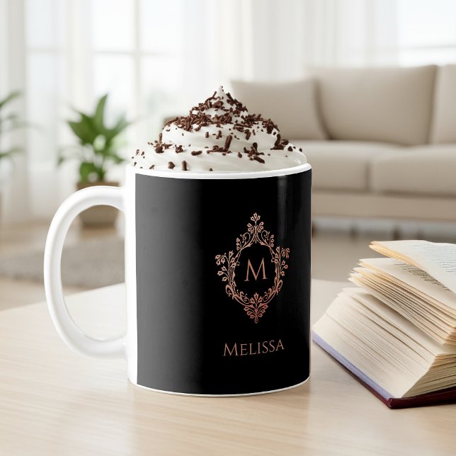Monogram Black Pink Elegant Rose Gold Crest & Name Coffee Mug (Creator Uploaded)