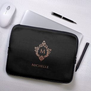 Monogram Black Pink Elegant Rose Gold Crest Name Laptop Sleeve