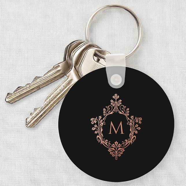 Monogram Black Pink Elegant Rose Gold Ornate Crest Key Ring (Creator Uploaded)