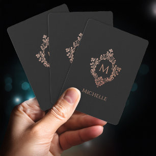 Monogram Black Pink Elegant Vintage Crest Initial Playing Cards