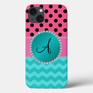 Monogram black pink polka dots turquoise chevrons iPhone 13 case