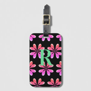 Monogram black pink retro floral luggage tag
