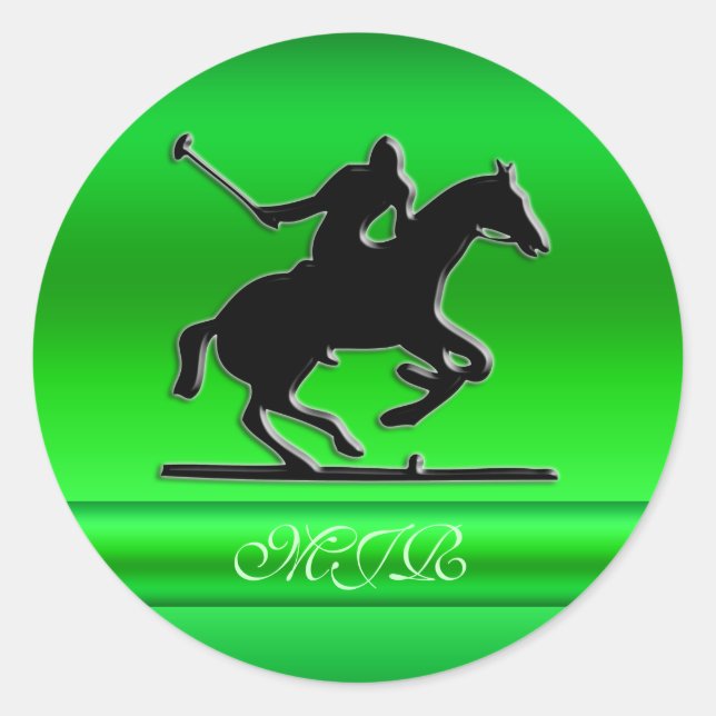 Monogram Black Polo Rider on green metal-look Classic Round Sticker (Front)