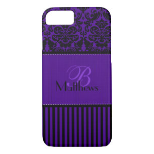 Monogram Black, Purple Damask Stripe iPhone 7 Case