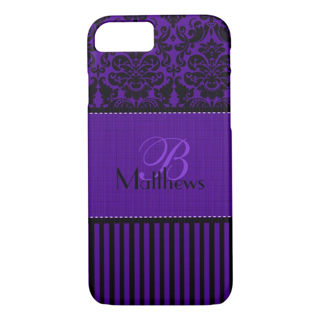 Monogram Black, Purple Damask Stripe iPhone 7 Case (Back)