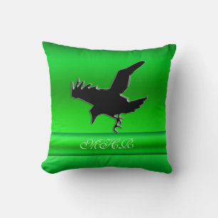 Monogram, Black Raven logo on green chrome-effect Cushion