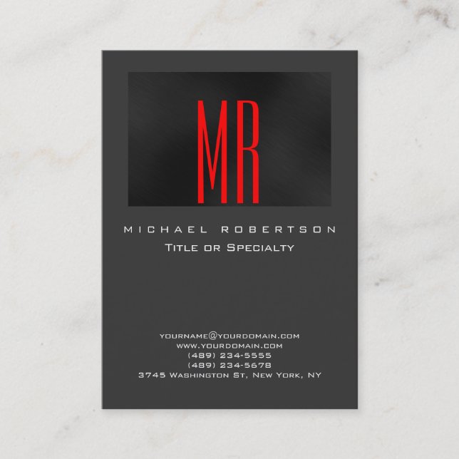 Monogram Black Red Grey Chubby Business Card (Front)