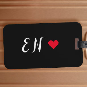 Monogram Black Red Heart Handwritten Script Luggage Tag