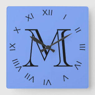 Monogram Black Roman Numbers On Blue wccnt Square Wall Clock