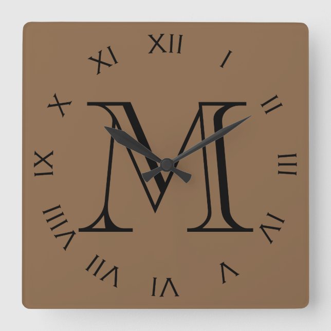 Monogram Black Roman Numbers On Brown wccnt Square Wall Clock (Front)