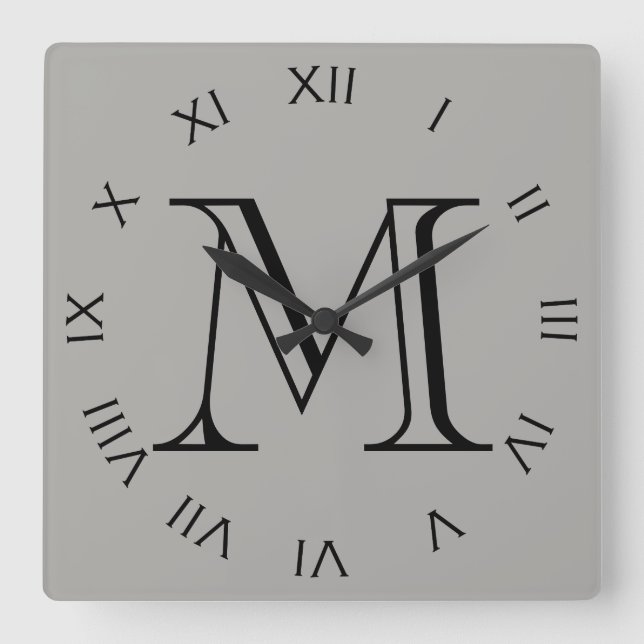 Monogram Black Roman Numbers On Grey wccn Square Wall Clock (Front)