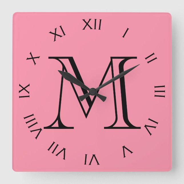 Monogram Black Roman Numbers On Pink wccn Square Wall Clock (Front)