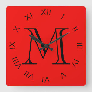 Monogram Black Roman Numbers On Red wccn Square Wall Clock