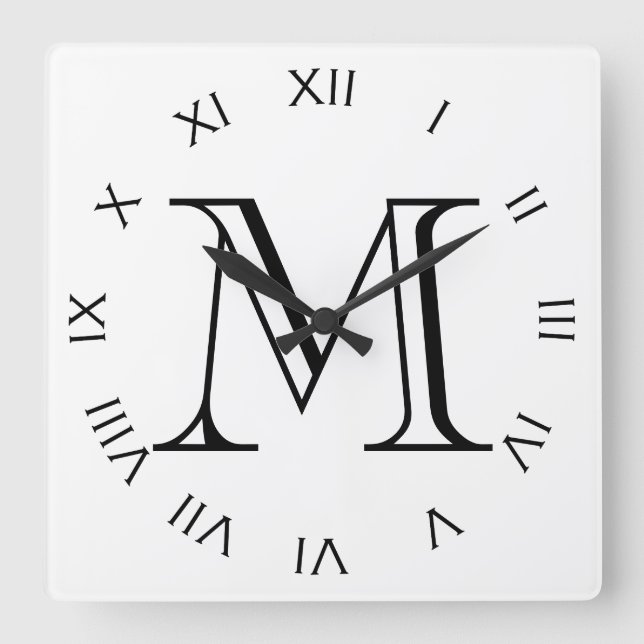 Monogram Black Roman Numbers On White wccn Square Wall Clock (Front)