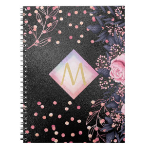 Monogram Black ROSEGOLD Pink Metallic Glitter Girl Notebook