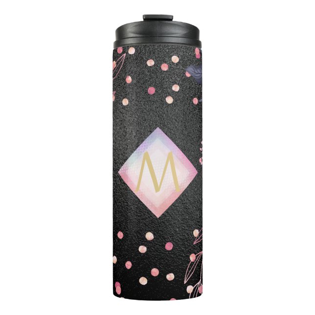 Monogram Black ROSEGOLD Pink Metallic Glitter Girl Thermal Tumbler (Front)