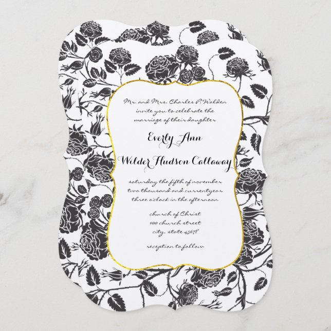 Monogram Black Roses Toile Gold Border Wedding Invitation (Front/Back)