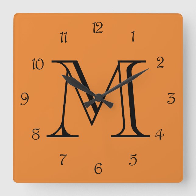 Monogram Black Script Numbers On Orange wccnt Square Wall Clock (Front)
