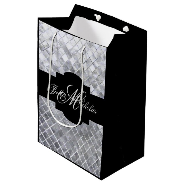 Monogram Black & Silver 25th Anniversary Medium Gift Bag (Front Angled)
