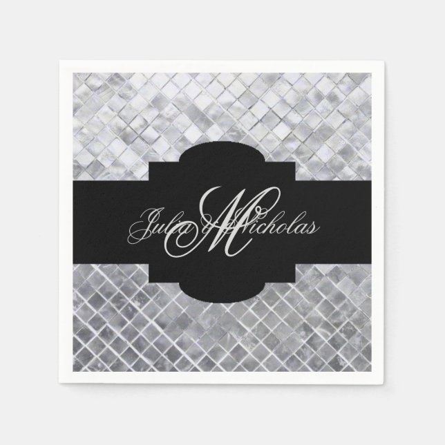 Monogram Black & Silver 25th Anniversary Napkins (Front)