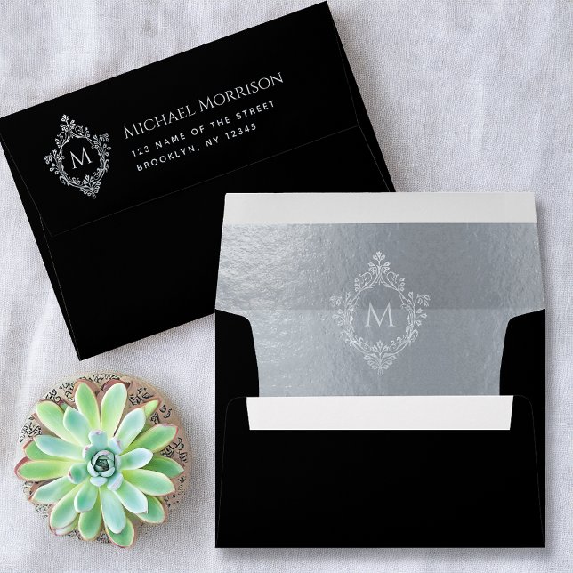 Monogram Black Silver Crest Elegant Return Address Envelope (Creator Uploaded)